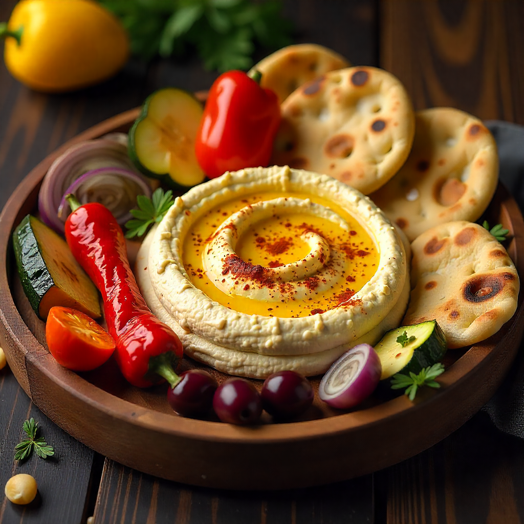 Hummus Mediterranean Grill Platter with Grilled Veggies and Pita