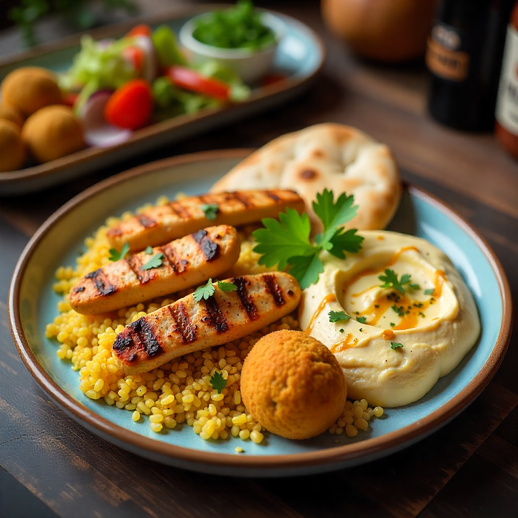 Mezza Mediterranean Grille Mixed Platter with Chicken, Falafel, and Rice